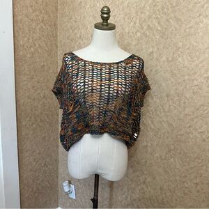 Short Sleeve Crochet Open Knit Scoop Neck Colorful Rainbow Cropped Sweater Top